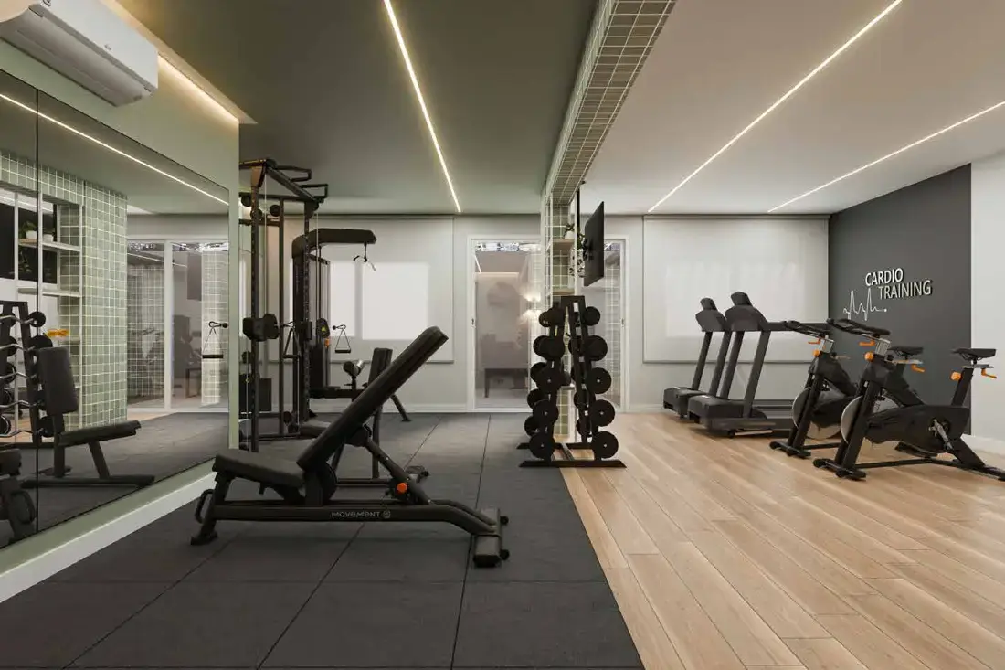 Academia do Melbourne Smart Home com equipamentos de musculação e cardio