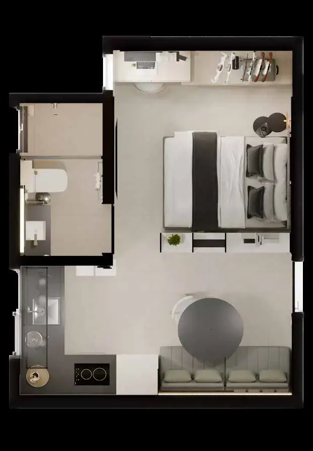 Planta humanizada do studio Tipo A do Melbourne Smart Home, com 21 m²