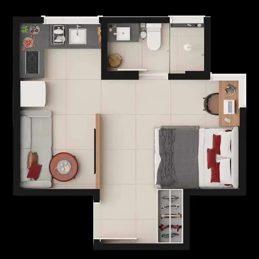 Planta humanizada do studio Tipo B do Melbourne Smart Home, com 23 m²