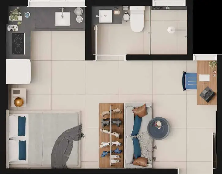 Planta humanizada do studio Tipo C do Melbourne Smart Home, com 21 m²