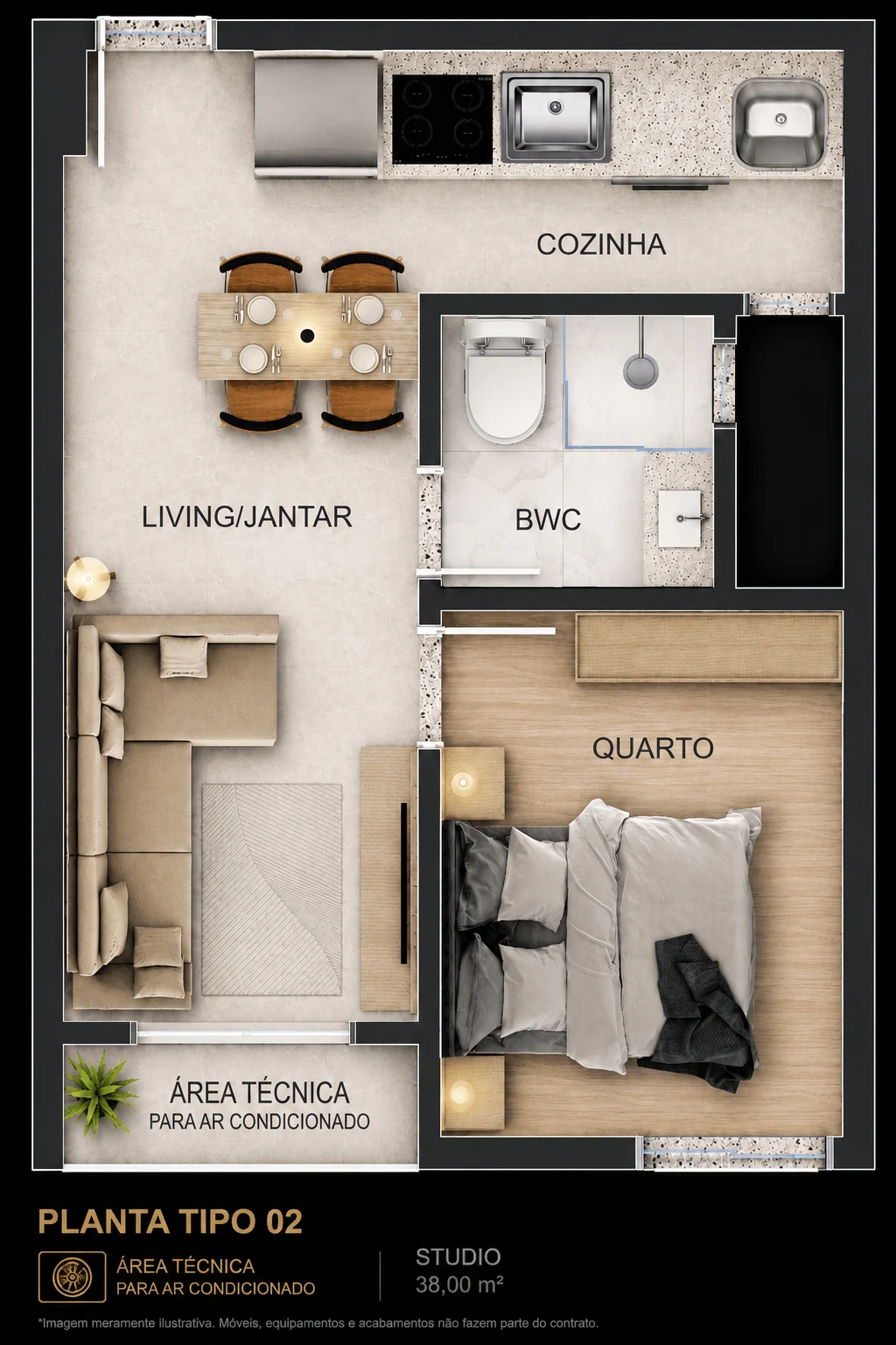 Planta humanizada de 38 metros quadrados do Olympo Studio Residence